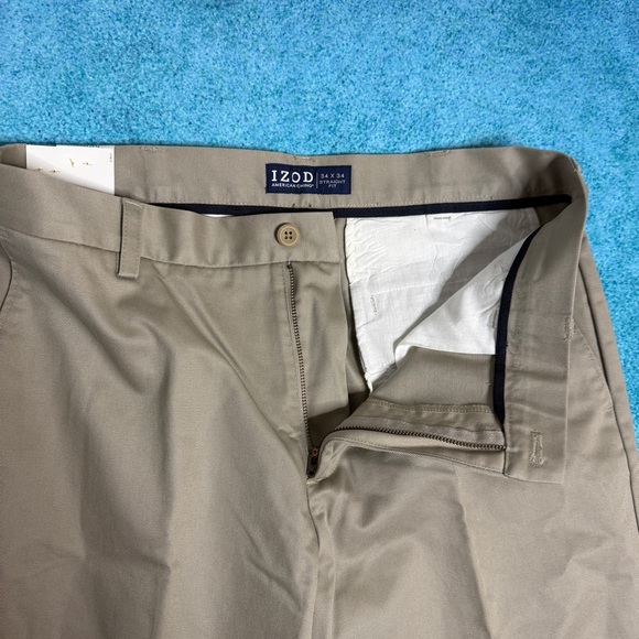 IZOD American Chino Pants Tan 34x34 Flat Front Straight Fit Wrinkle Free NWT - Picture 10 of 16